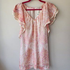 Peach and Cream Flutter Sleeve Blouse | Medium | V Neck Tie Waist Sheer Lined